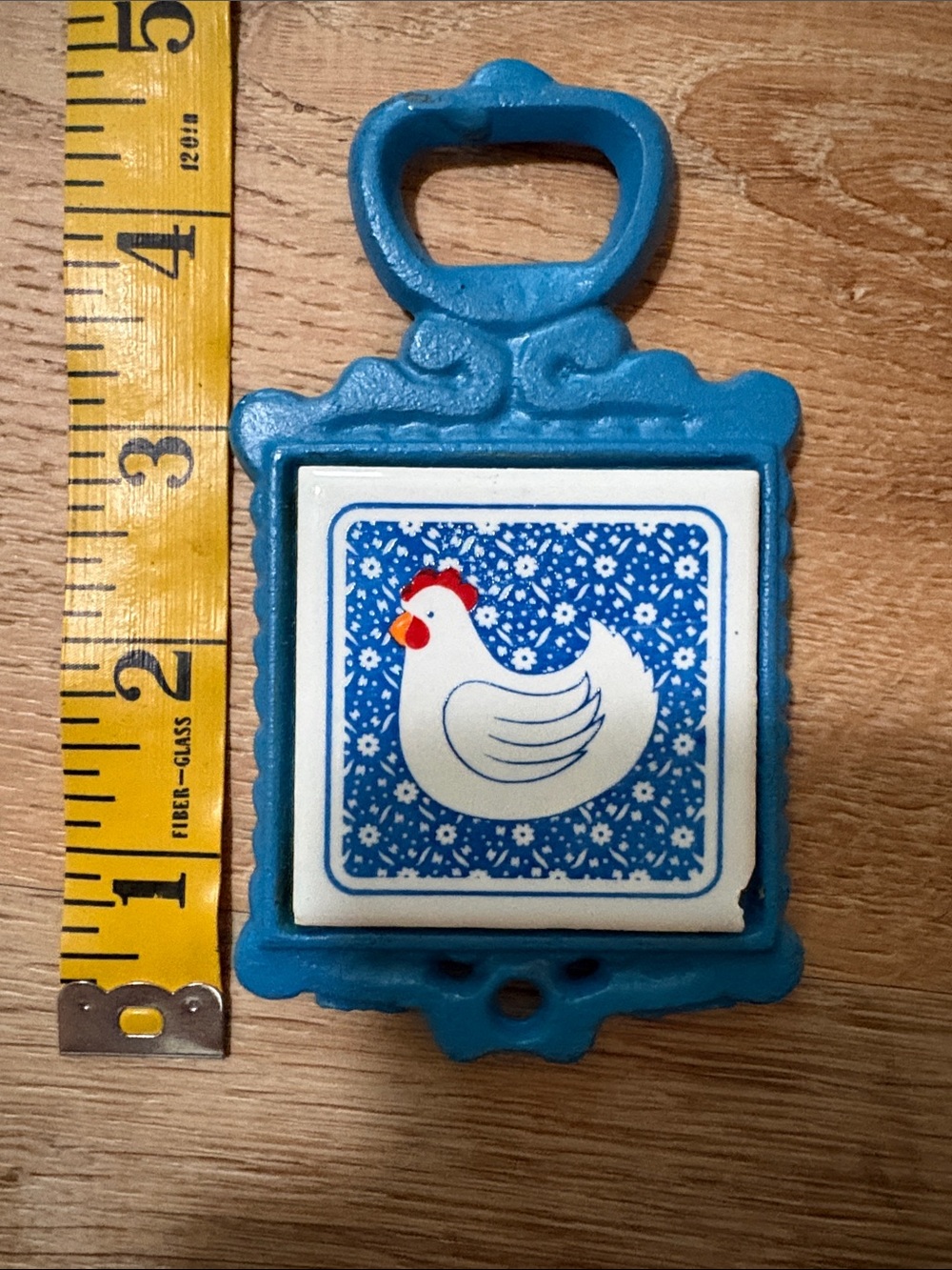 Vintage Cast Iron Mini Trivet Tile Hanging Blue Ceramic Hen - Taiwan